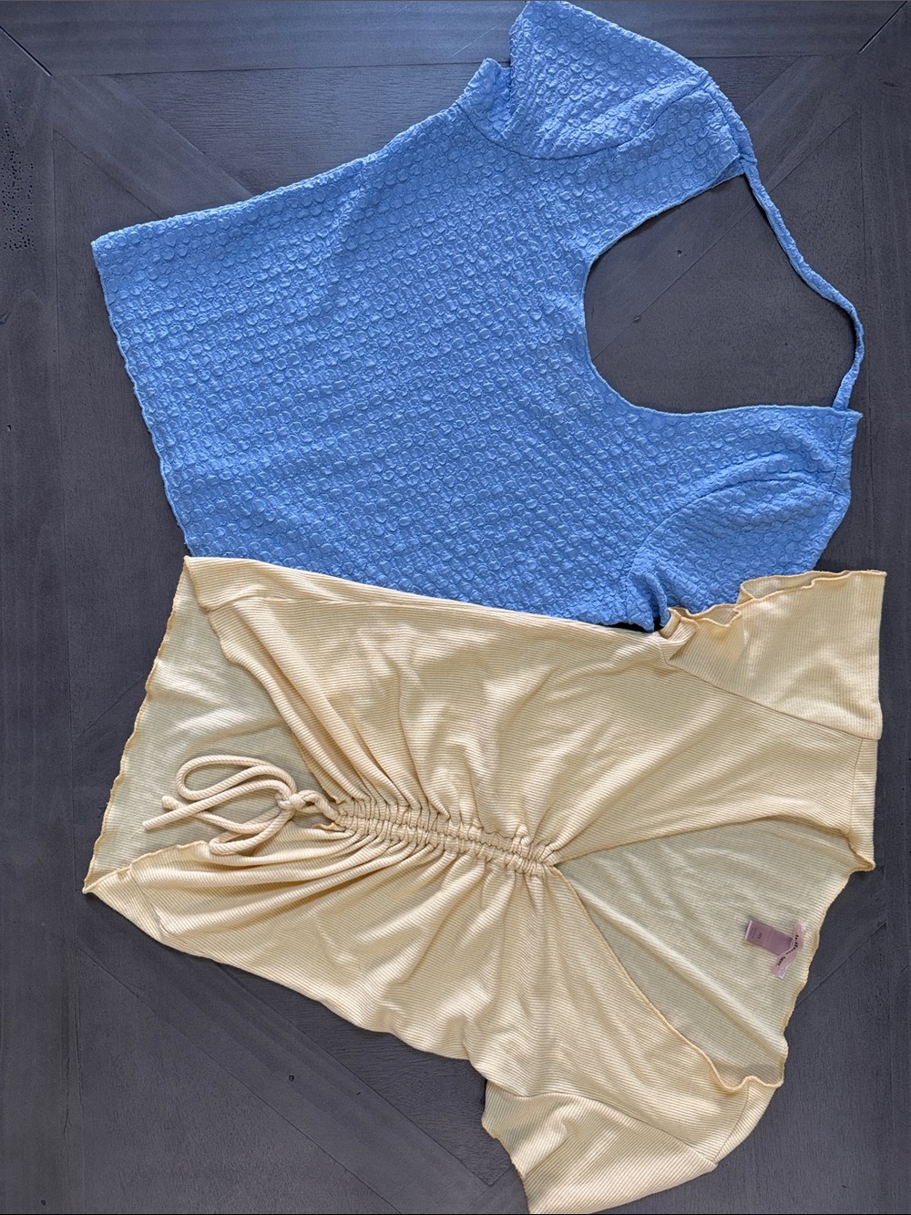 BOGO! Women’s Blue Textured Scoop Neck Top & Cream Drawstring Ruched Tank - Set